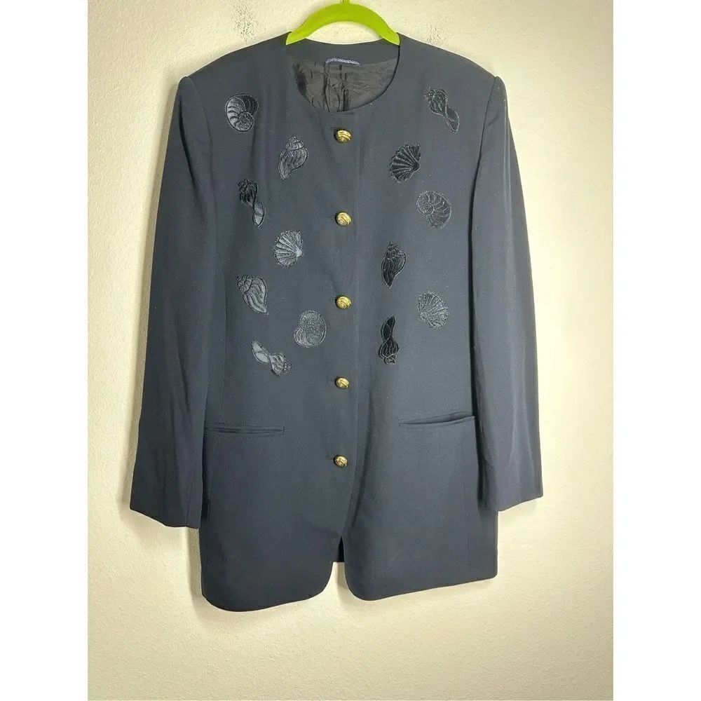 Vintage New Wool Women’s Blazer Navy Blue Embroidered Application Shells Sz M